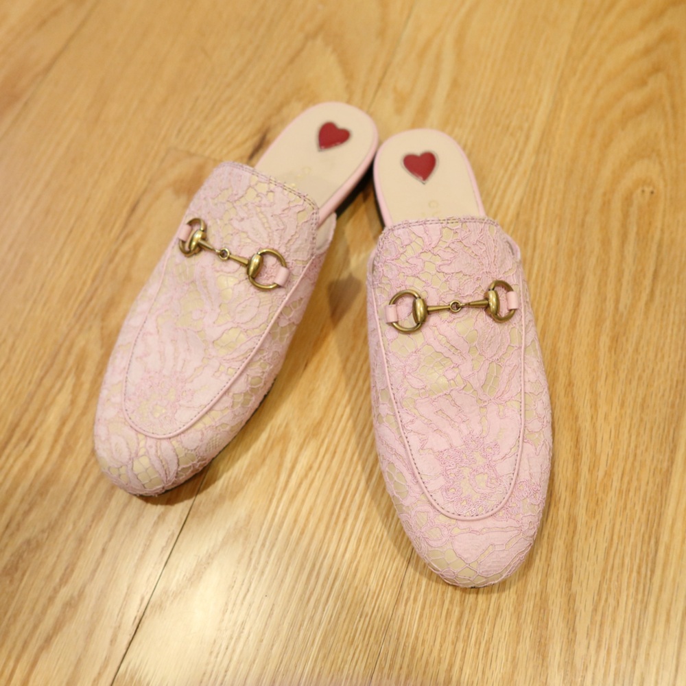 Gucci Princetown Pink Lace Mules with Gold Accents